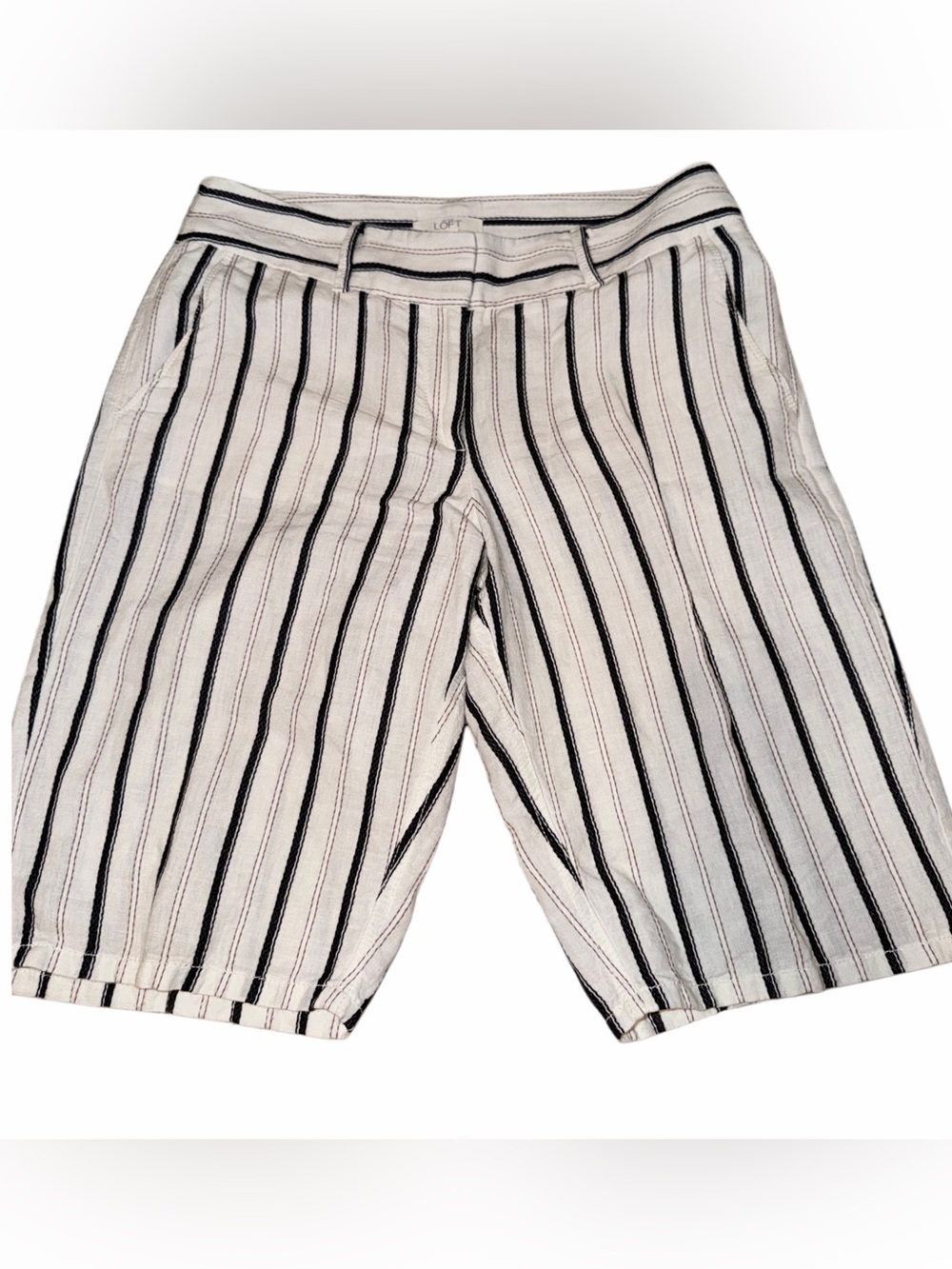 LOFT Cream Striped Linen-Blend Shorts with Black & Tan Stripes
